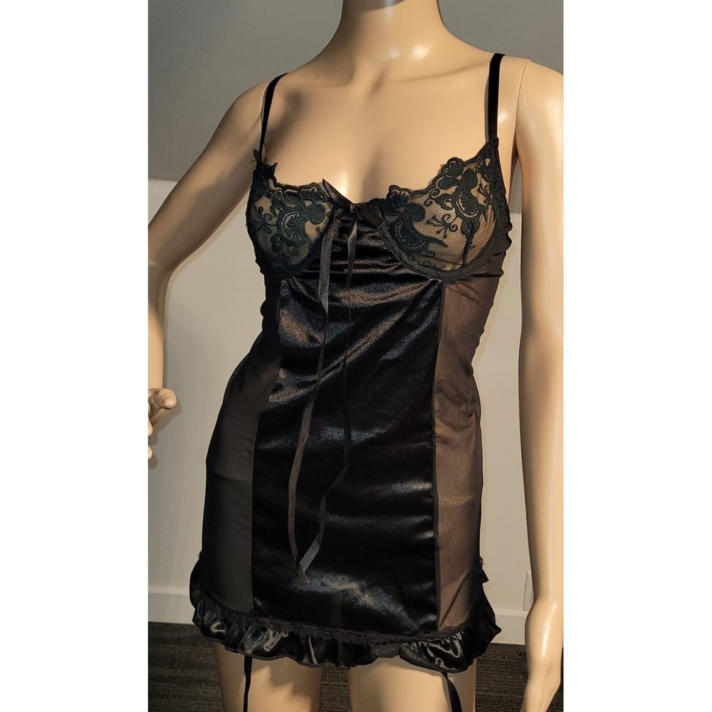 Women's Back Lace Up Medium Black Teddy Corset Bustier Lingerie G-String SL2614 - Picture 2 of 8